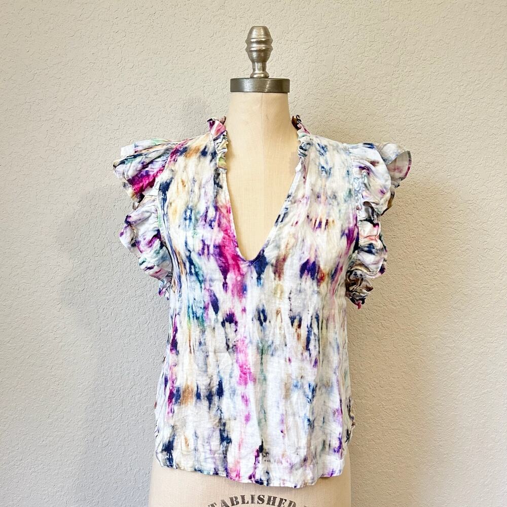 LAVENDER BROWN Sophia Blouse Tie Dye Linen Ruffled Flutter Sleeve Boho